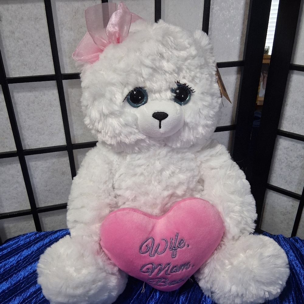 The Petting Zoo White/ Pink Bear " Love You Mom " Soft Plush Stuffed Animal 12"